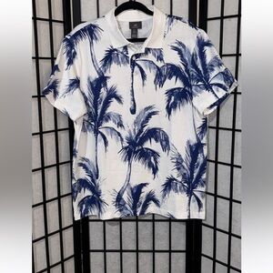H&M Reg. Fit Printed Polo Short Sleeve Shirt - White/blue Palm trees - Men | LG